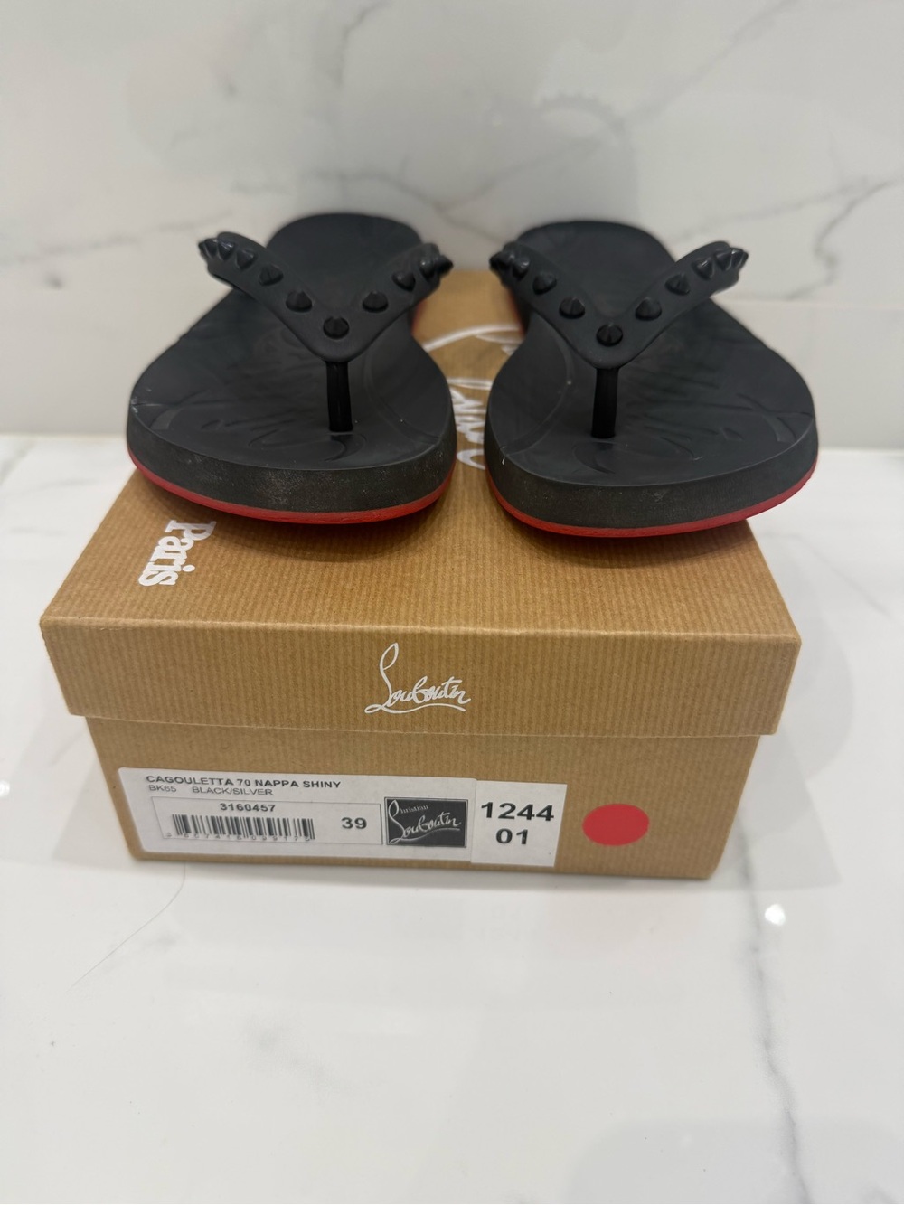 Christian Louboutin Black Flip Flops with Red Sole Trim and Studded Straps - Picture 8 of 8